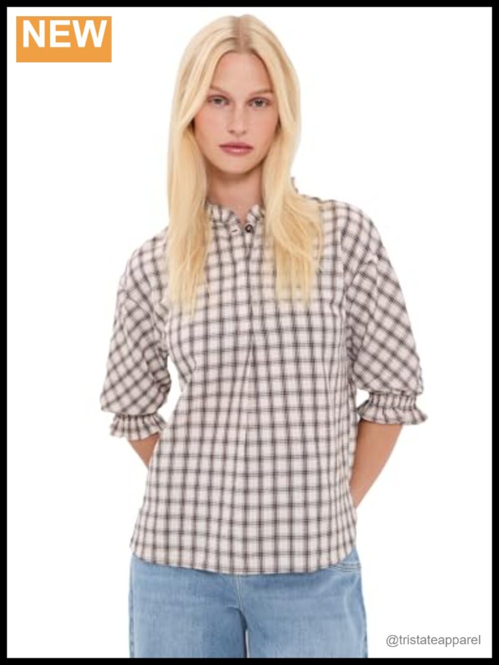 Loose Fit Organic Cotton Blend Blouse Checkered Ruffled Neckline Long Sleeve